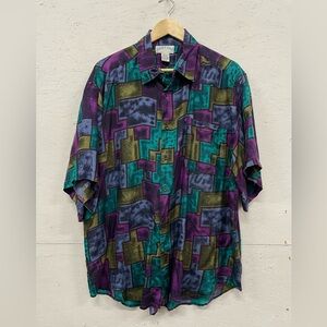 Vintage Lucky Star Geometric Abstract Silk Button Down Shirt, Size L, Colourful